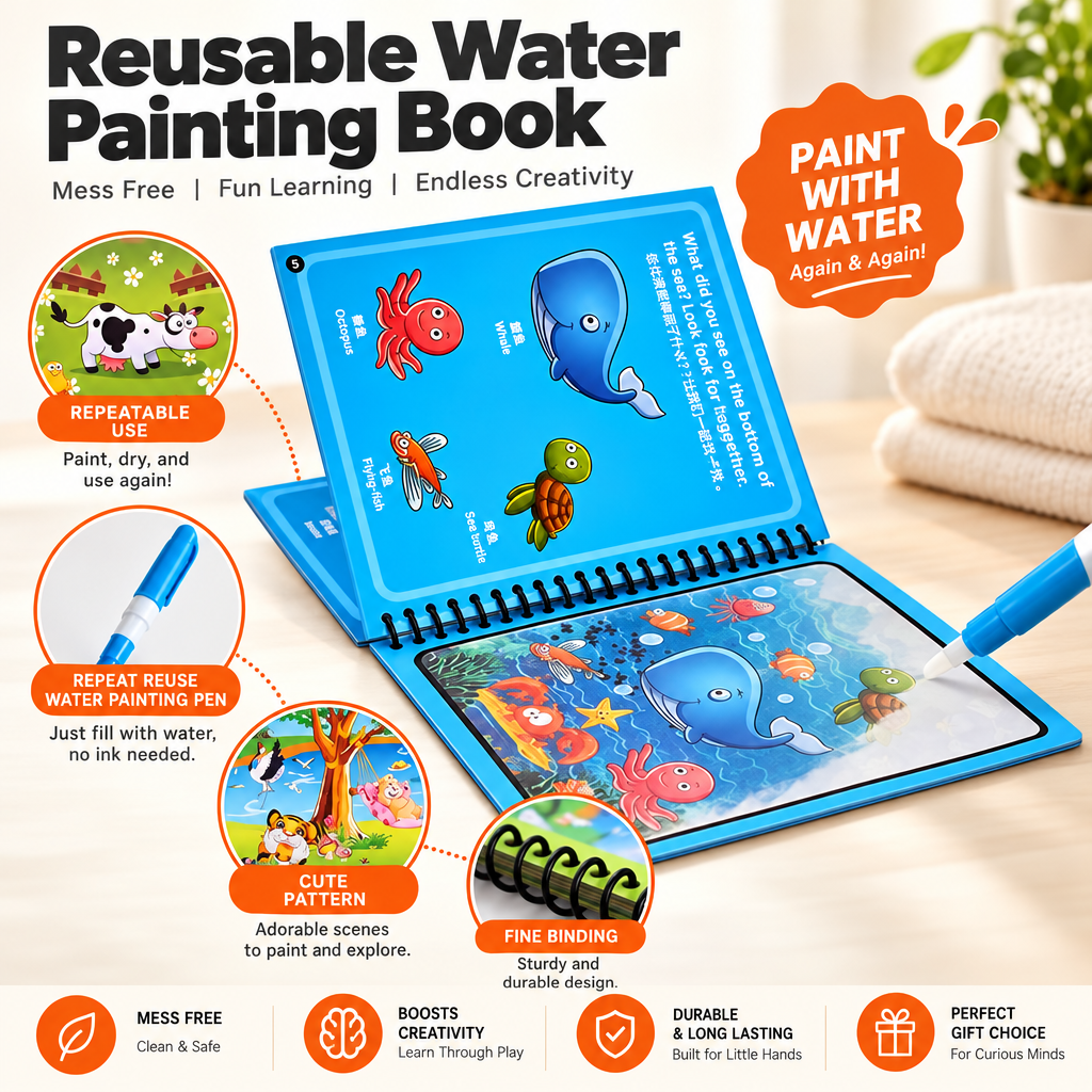 Magic Water Coloring Book Set – 4 Reusable Aqua Painting Books with Water Pen for Toddlers & Kids