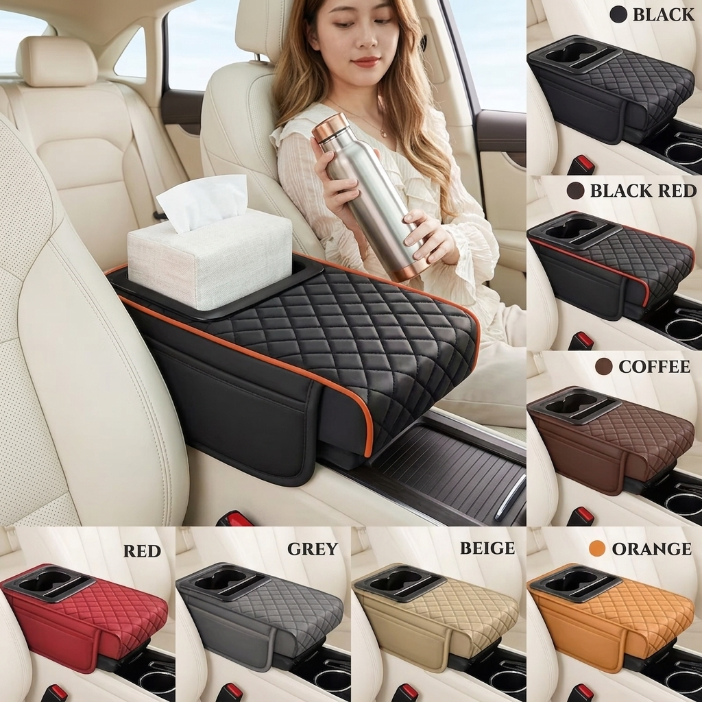 Universal Leather Car Armrest Organizer & Cushion Pad