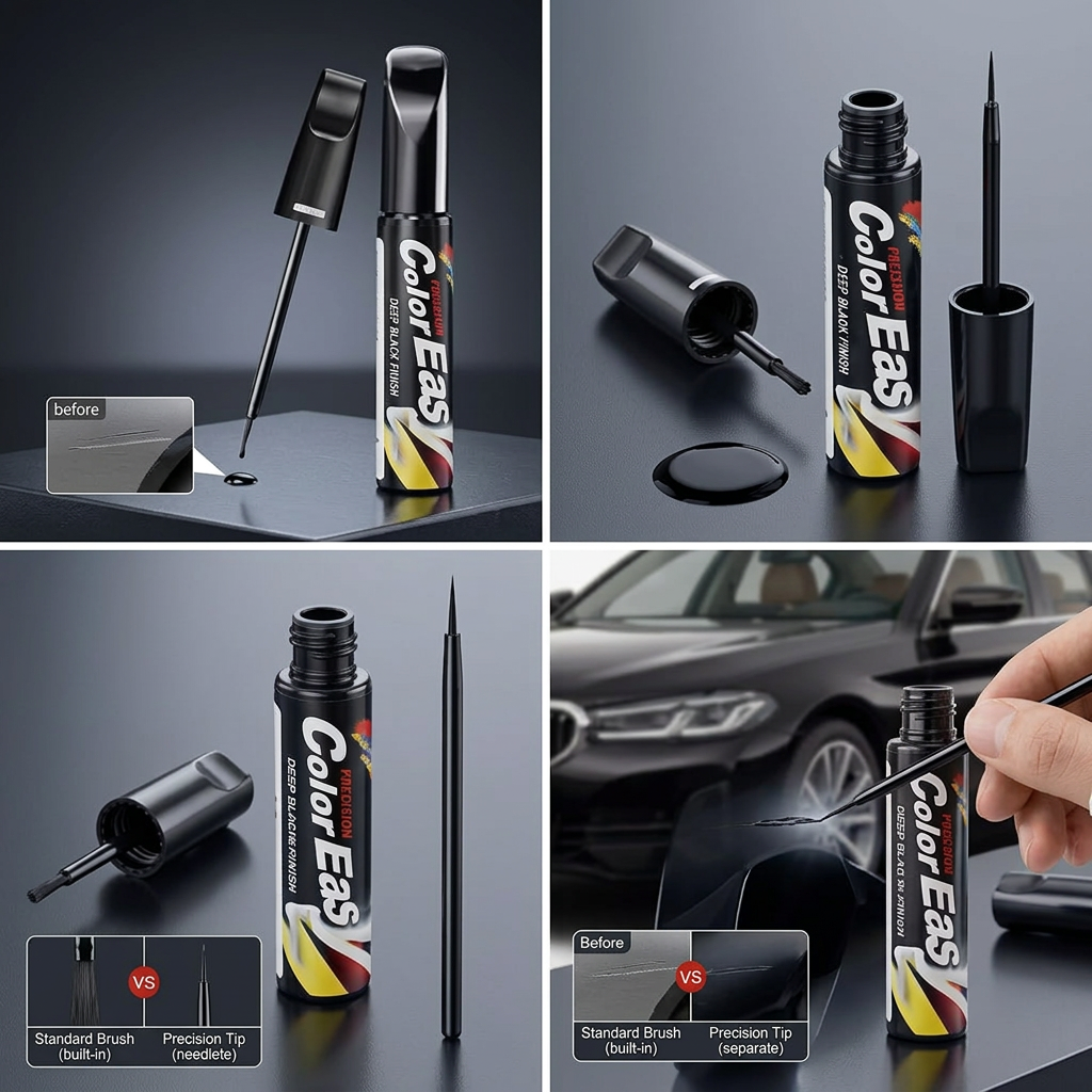 Car Scratch Repair Touch-Up Paint Pen (Pack of 2 - Deep Black) | Dual-Tip Precision Needle & Brush Applicator for Cars & Bikes