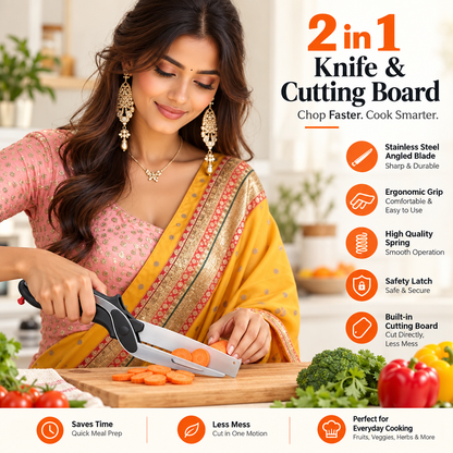 Premium Stainless Steel Kitchen Cutter & Built-In Chopping Board for Fast Vegetable & Fruit Slicing