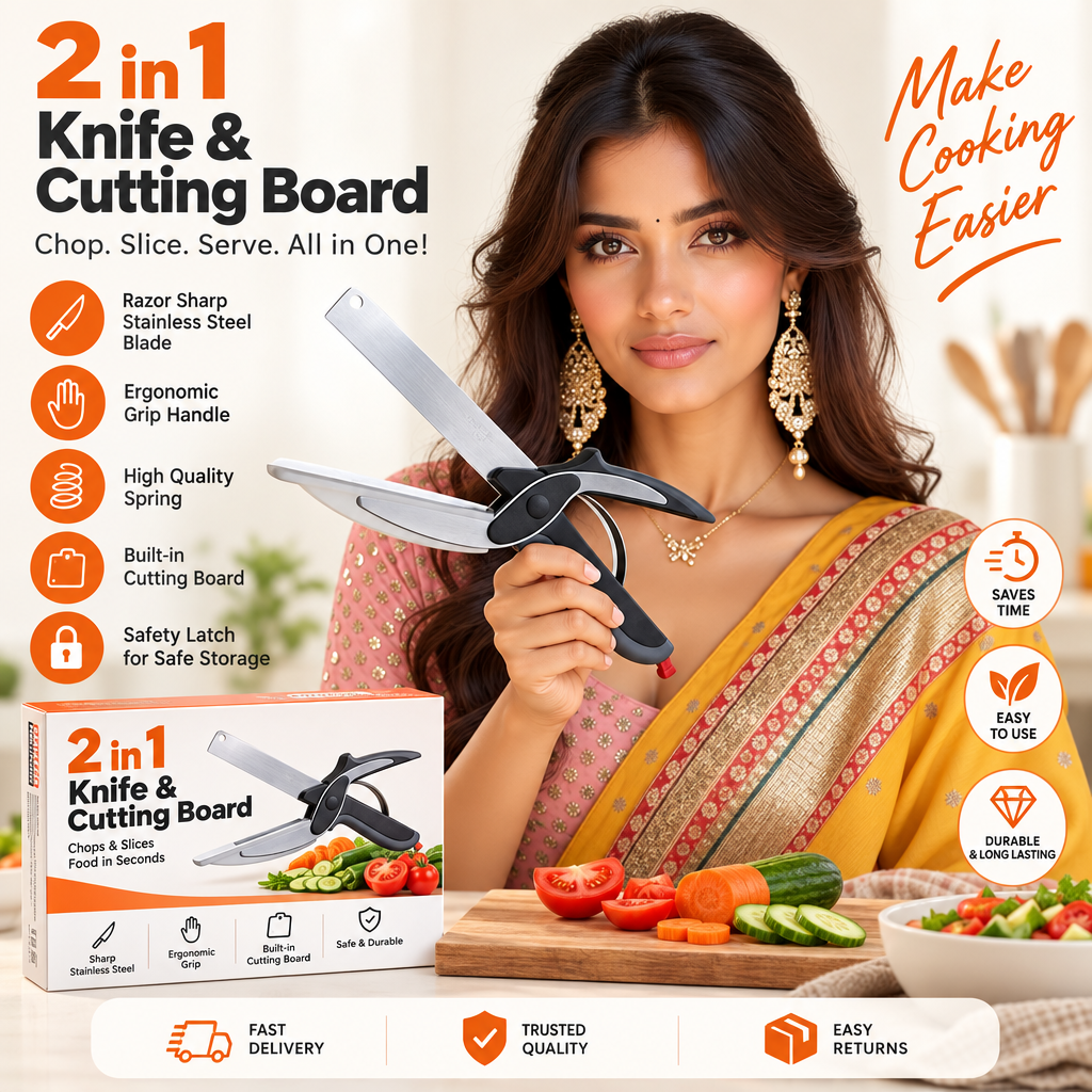 Premium Stainless Steel Kitchen Cutter & Built-In Chopping Board for Fast Vegetable & Fruit Slicing