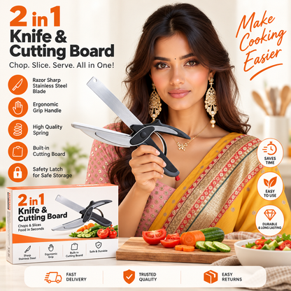 Premium Stainless Steel Kitchen Cutter & Built-In Chopping Board for Fast Vegetable & Fruit Slicing