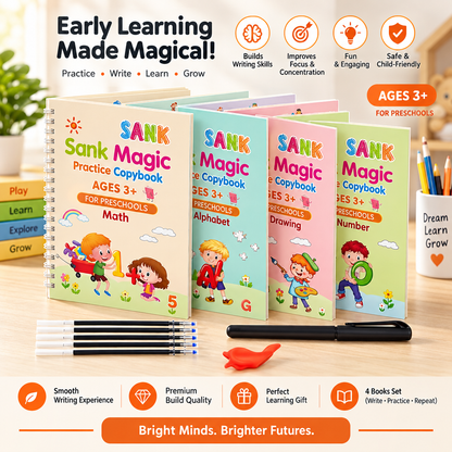 Sank Magic Practice Copybook for Kids | 4 Books Set with Disappearing Ink Pen, Refills & Grip (Ages 3+)