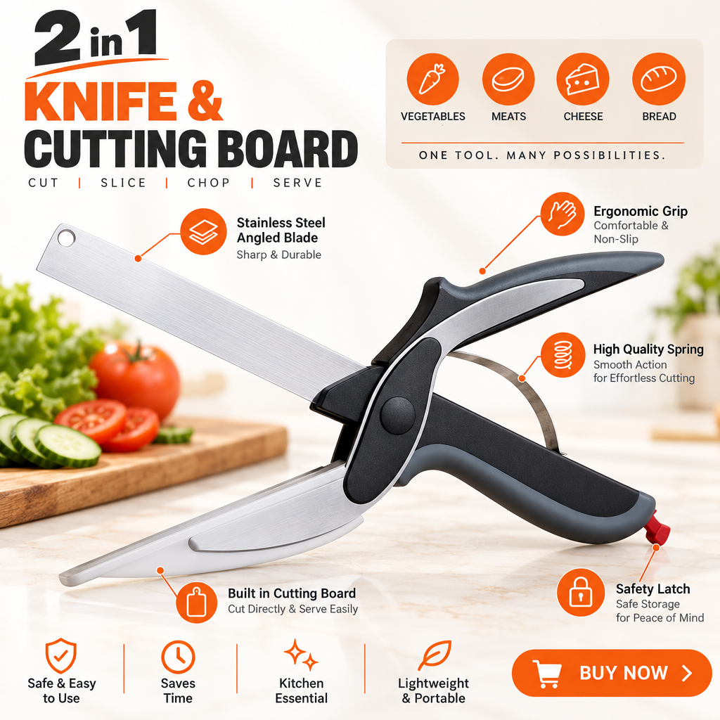 Premium Stainless Steel Kitchen Cutter & Built-In Chopping Board for Fast Vegetable & Fruit Slicing