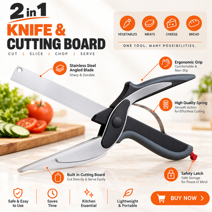 Premium Stainless Steel Kitchen Cutter & Built-In Chopping Board for Fast Vegetable & Fruit Slicing