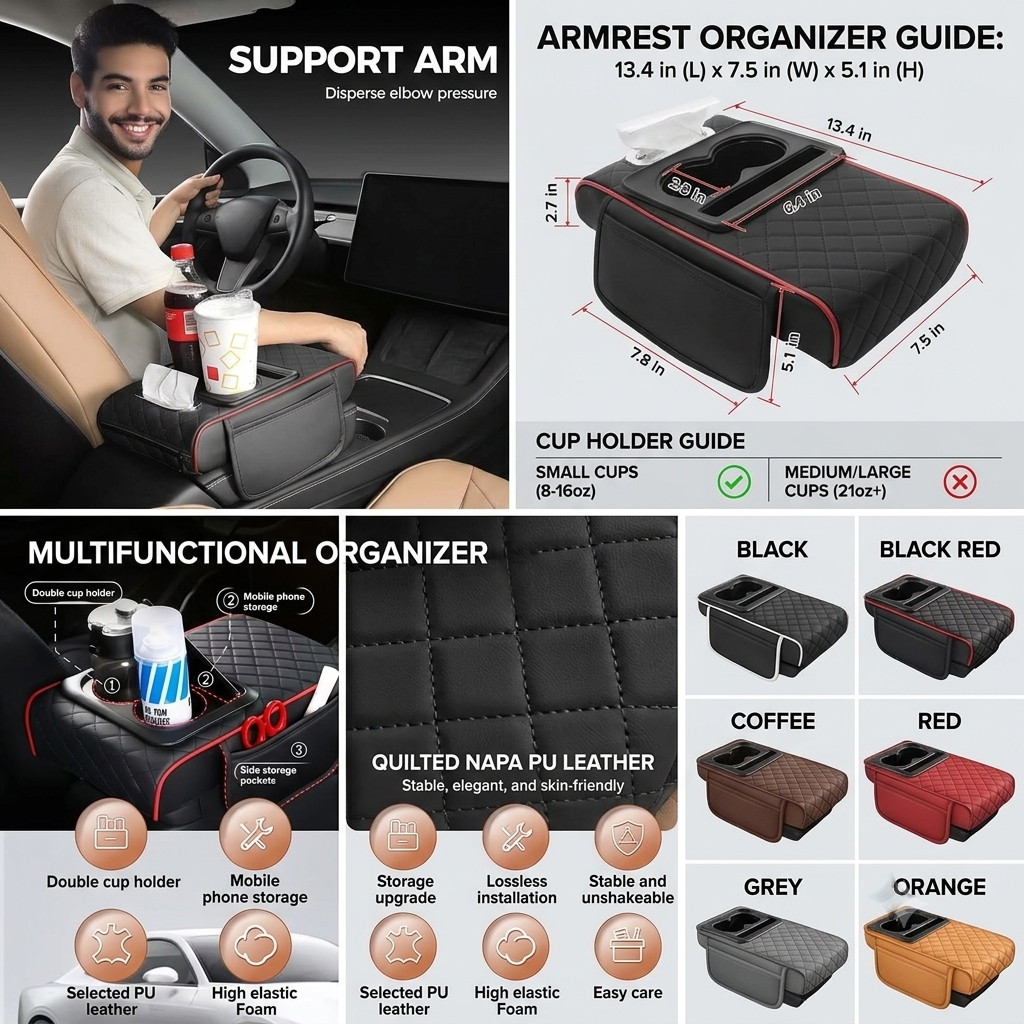 Universal Leather Car Armrest Organizer & Cushion Pad